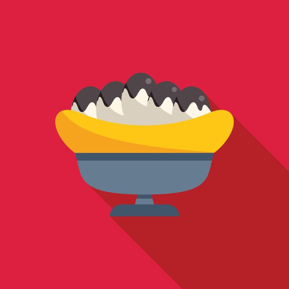 Banana split sundae with whipped cream drizzled with chocolate syrup on a red background vector