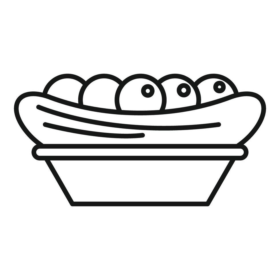 Fresh green pea pod resting in a bowl line icon vector