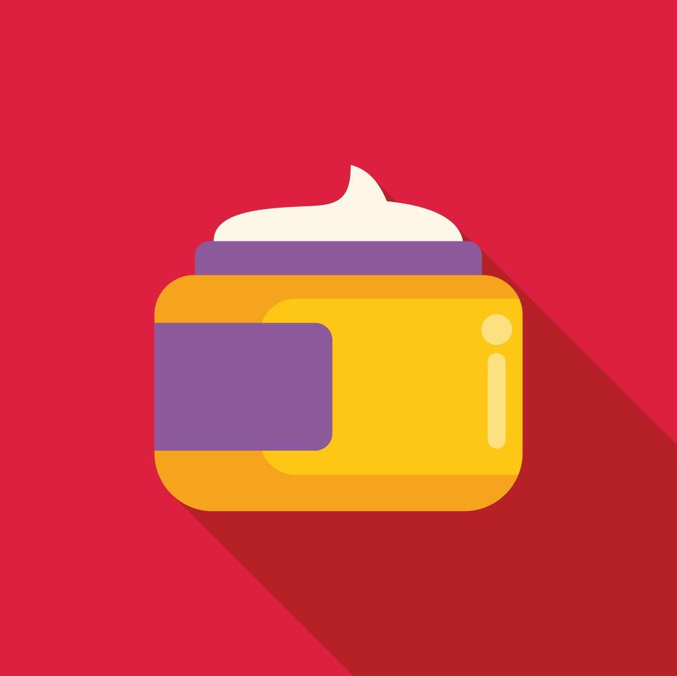 Yellow cosmetic cream jar with purple label on red background vector