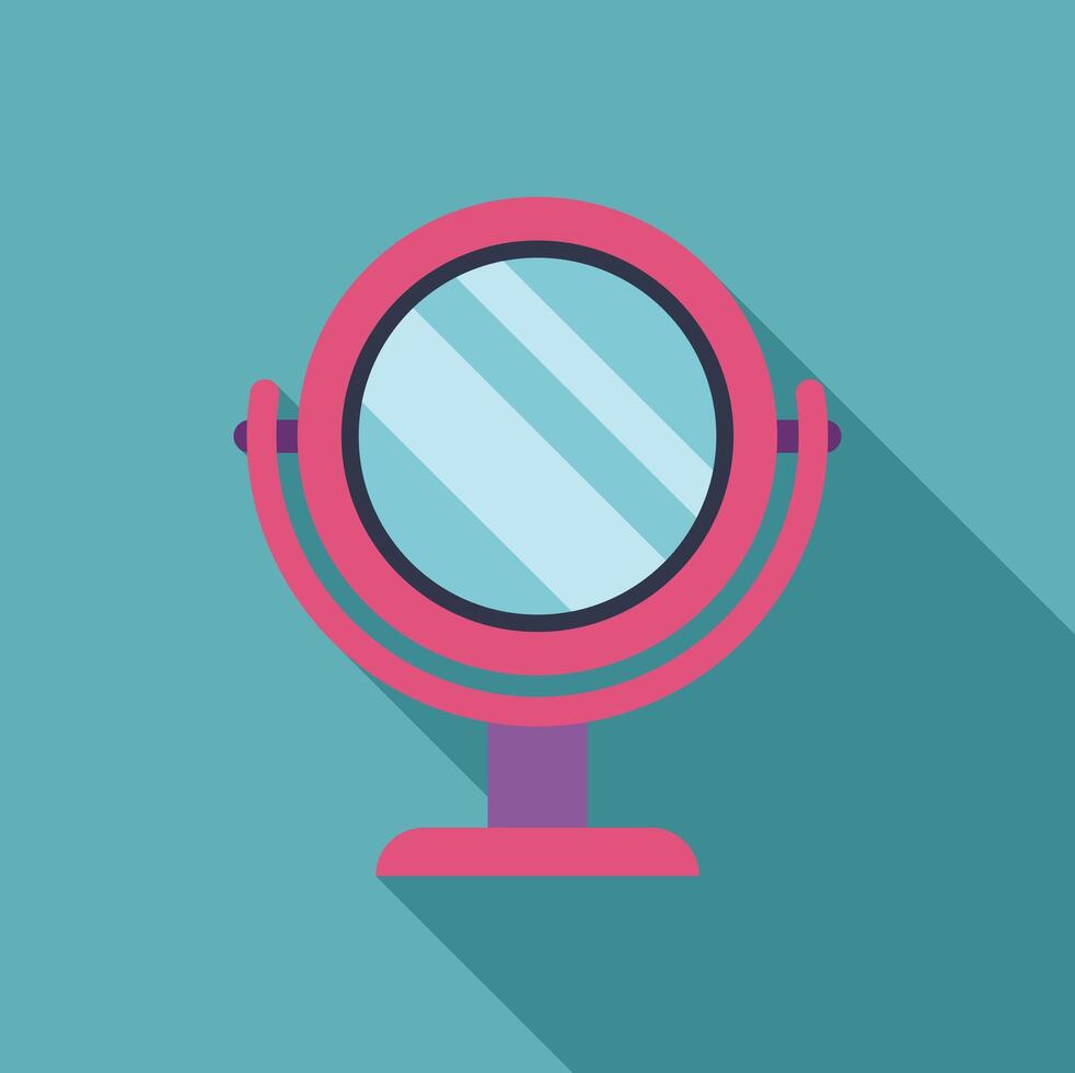 Pink round desktop makeup mirror standing on table vector