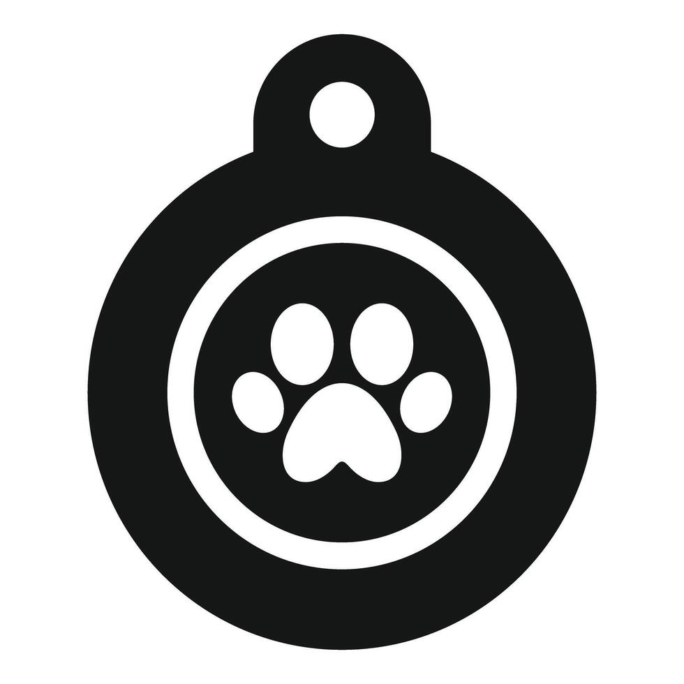 Round black and white dog tag showing paw print icon vector
