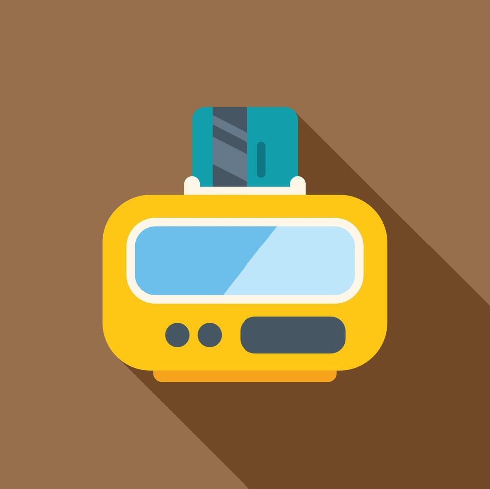 Yellow pos terminal accepting credit card payment with chip vector