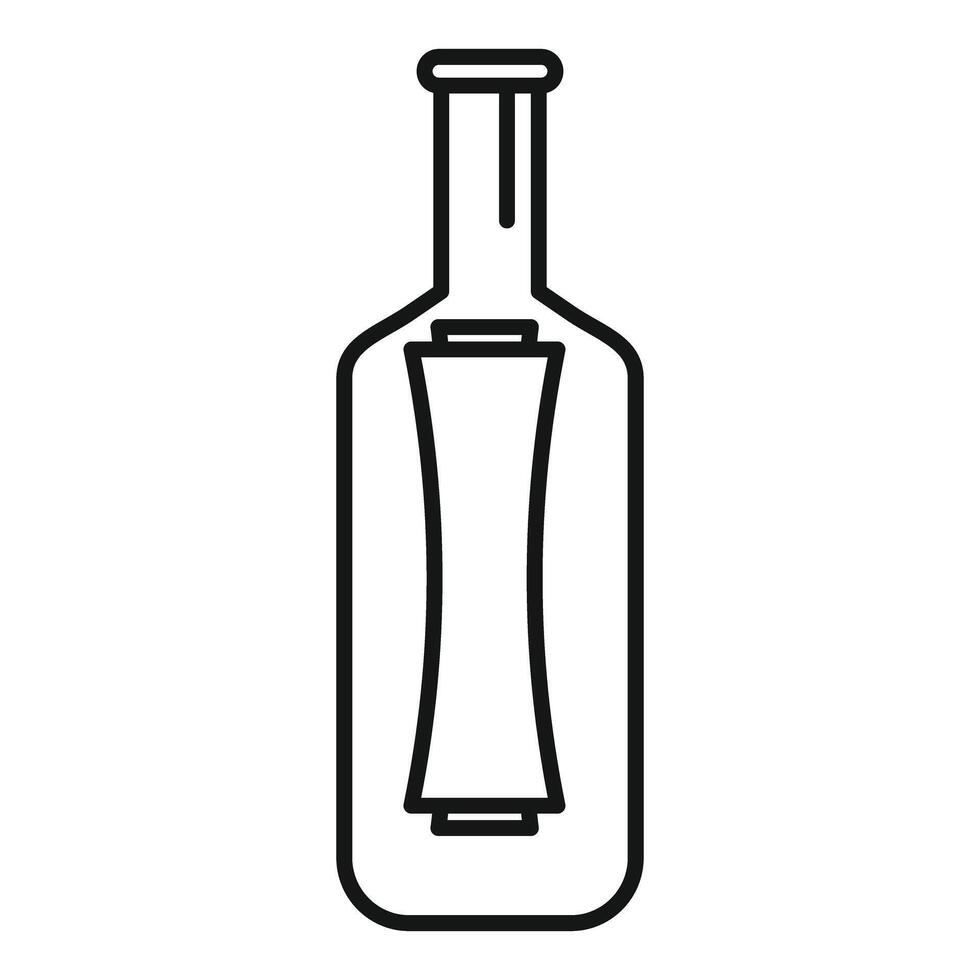 Glass bottle containing message scroll line icon, treasure concept vector