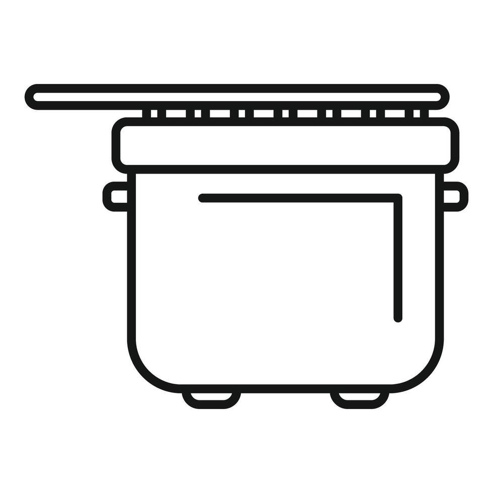 Deep fryer pot with basket holding handle, side view, line art icon vector