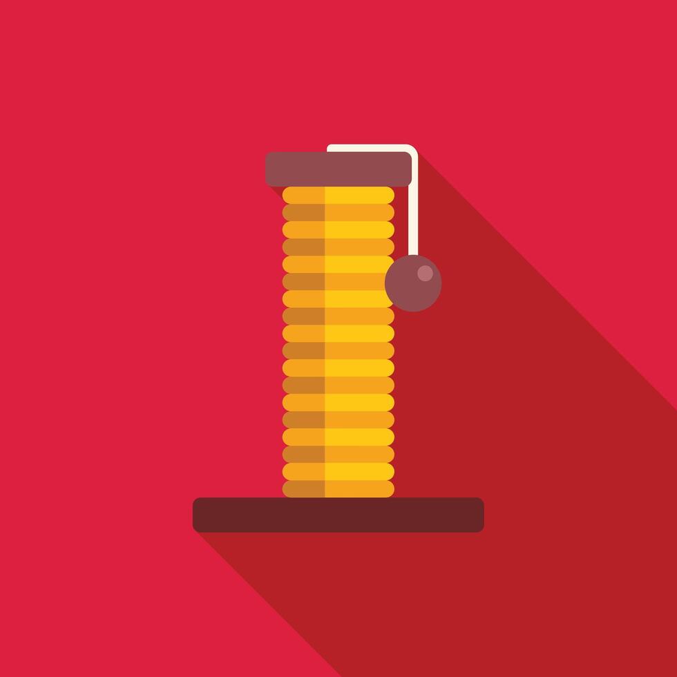 Yellow cat scratching post with hanging ball on red background vector