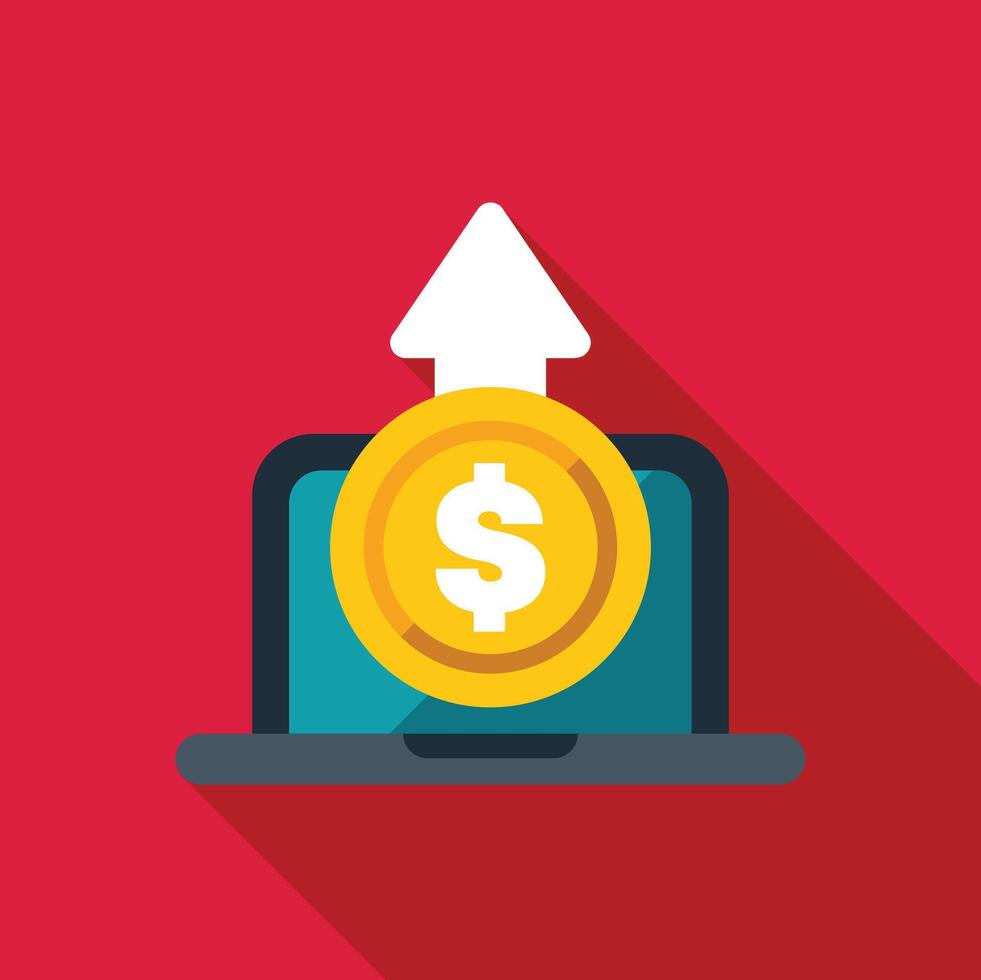 Dollar coin increasing its value over laptop computer with up arrow vector