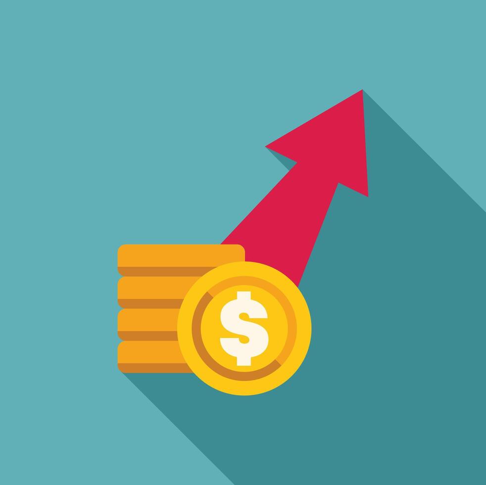 Red arrow growing over stack of gold coins with dollar sign vector