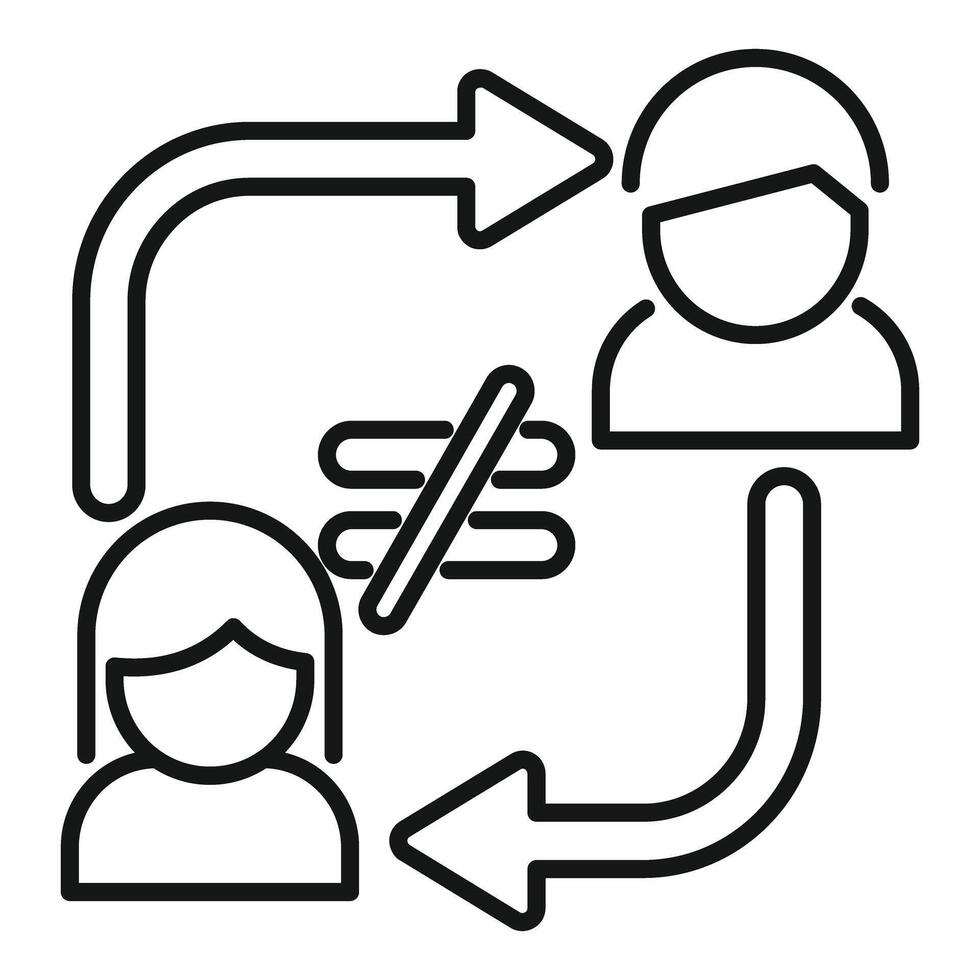 Business people discussing representing communication breakdown with arrows and crossed out speech bubble vector