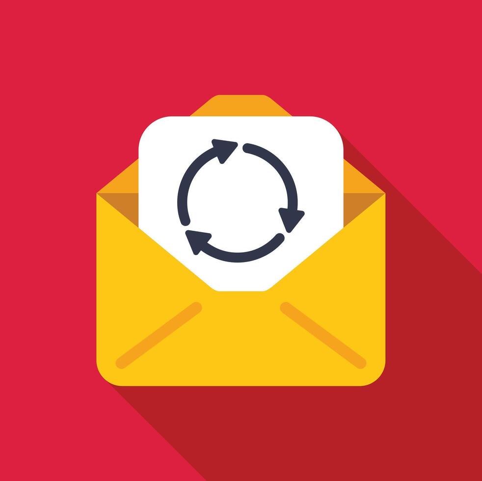 Open yellow envelope containing letter with rotating circular arrows renew subscribe update icon vector