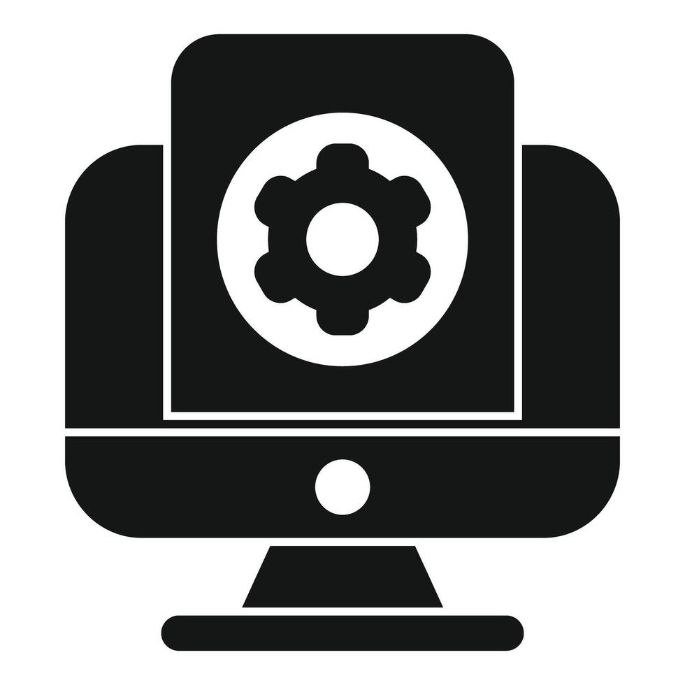 Computer showing configuration gear wheel icon vector