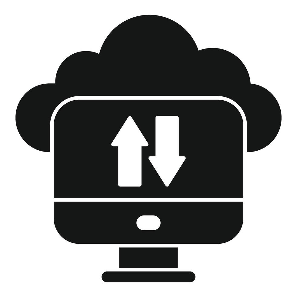 Desktop computer transferring data from cloud storage icon vector