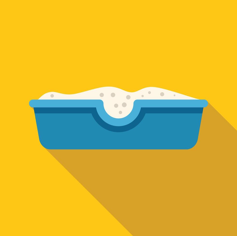 Blue plastic litter box containing white clumping cat litter on yellow background vector