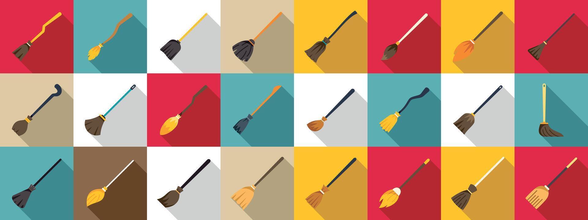 Broomstick icons set. Collection of different brooms for cleaning and performing magic rituals with long shadow on colorful backgrounds in flat style vector