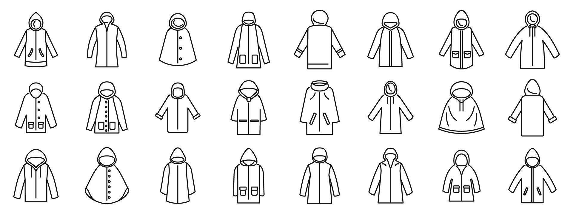 Raincoat icons set. Large set of different raincoats protecting from rain in line style vector