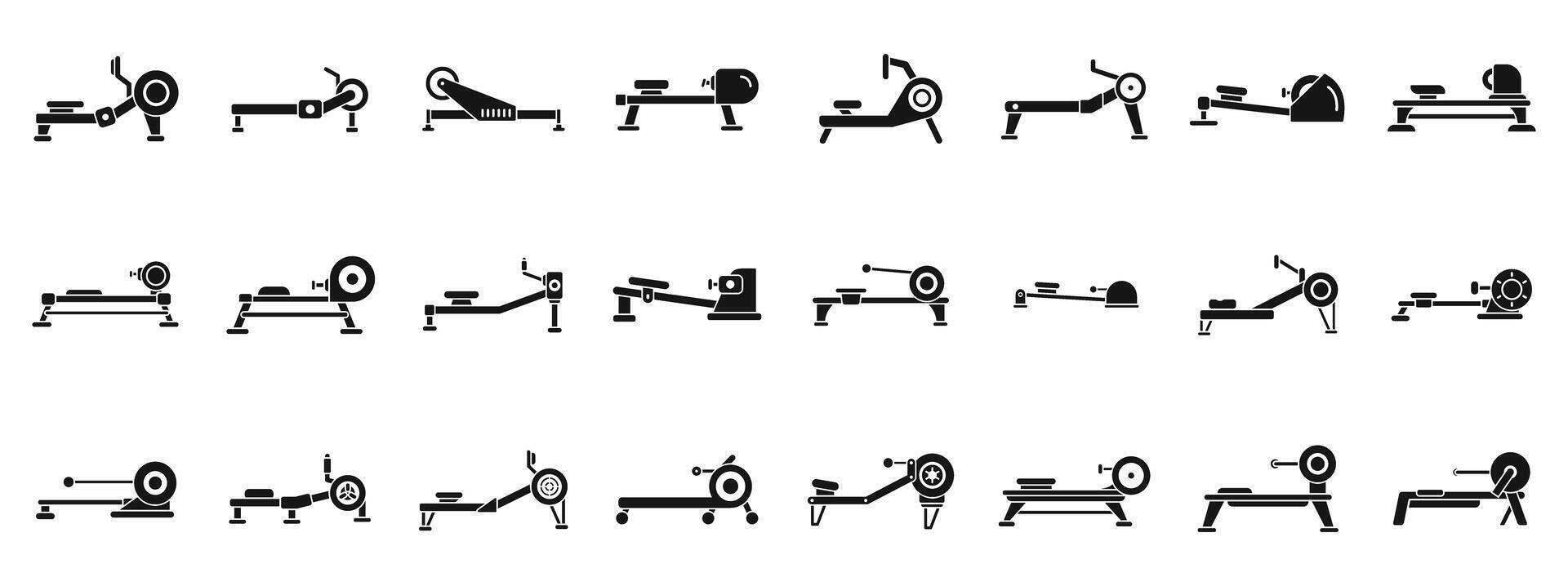 Rowing Machine icons set. Set of different rowing machines isolated on white background, for gym and home exercising vector