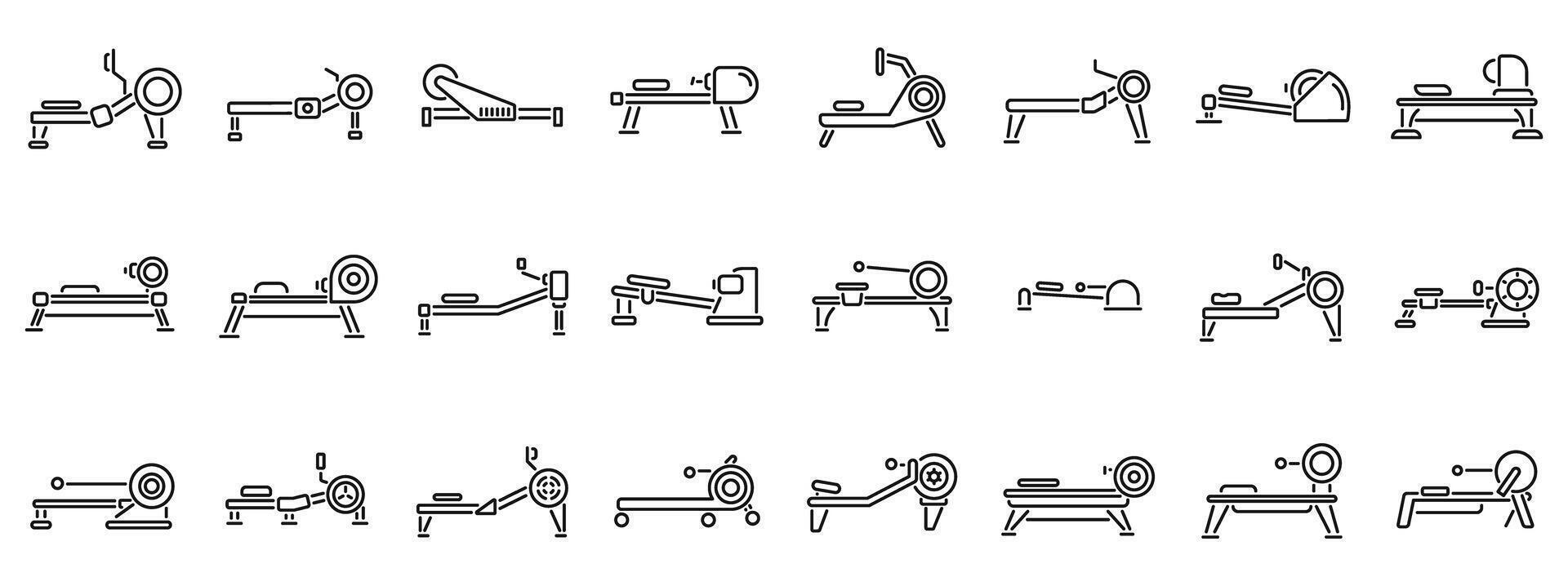 Rowing Machine icons set. Different types of rowing machine for working out vector