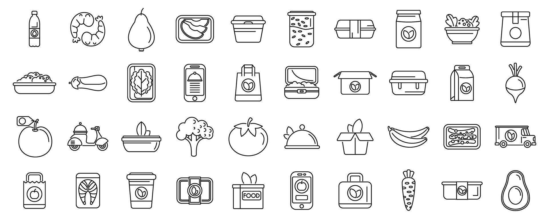 Healthy meal delivery icons set. Delivery food service ordering online using smartphone app icons set vector