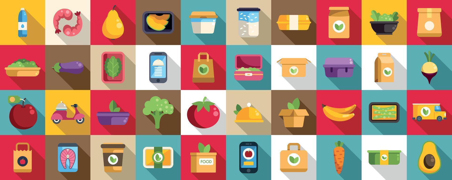 Healthy meal delivery icons set. Food delivery app concept showing online order and shipping with fruits, vegetables, ready meals vector