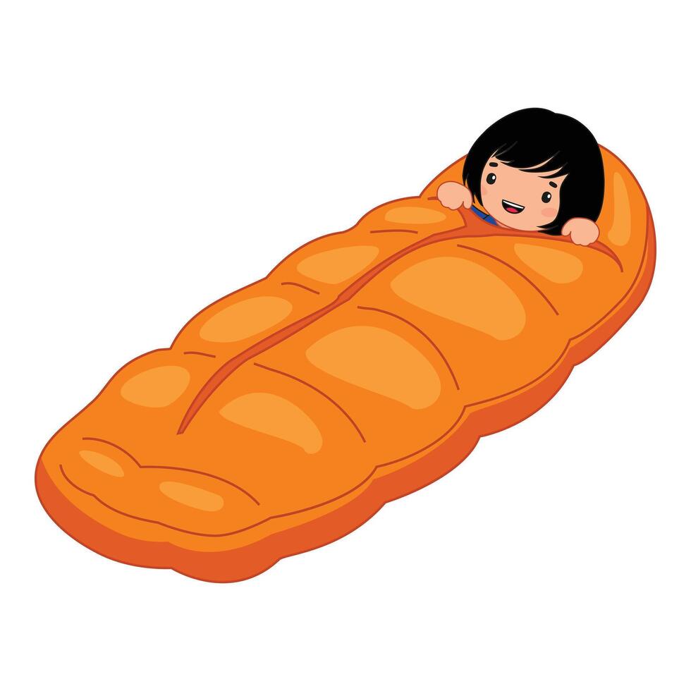 Young girl resting inside sleeping bag after camping vector