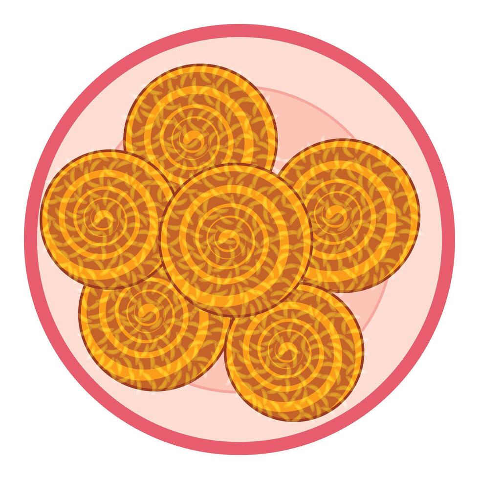 Round crackers with swirl pattern filling a pink plate vector
