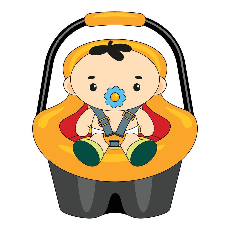 Cute baby sitting in car seat wearing seatbelt vector