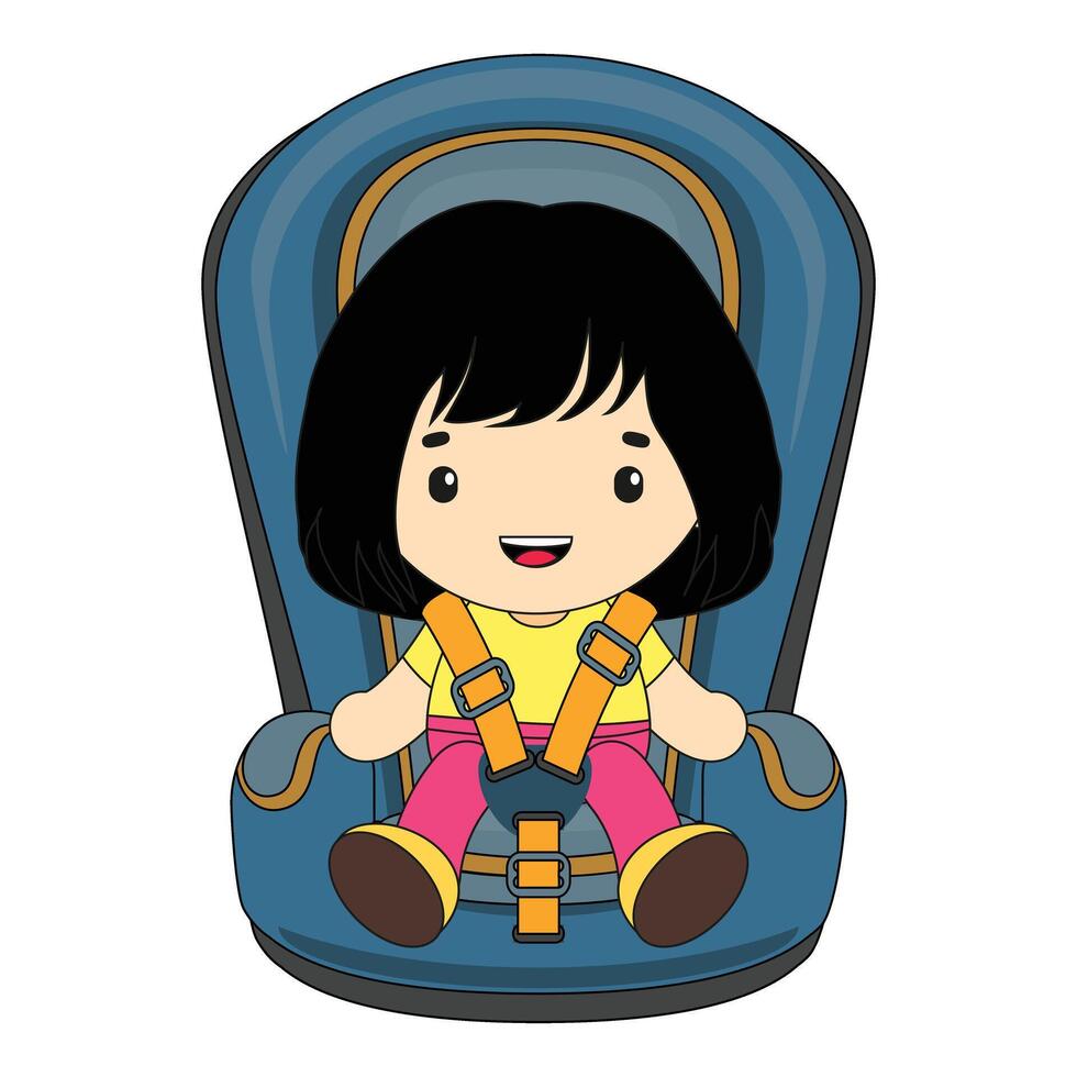 Little girl smiling and sitting in a child car seat vector