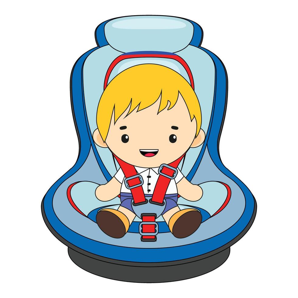 Little boy smiling and sitting on a safety seat fastened with seat belts vector