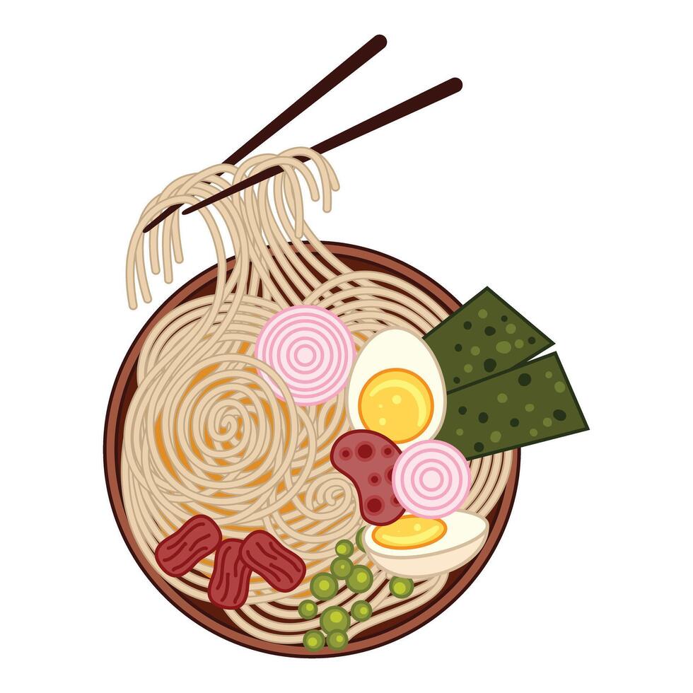 Chopsticks picking up noodles from bowl of ramen with eggs, meat and seaweed vector