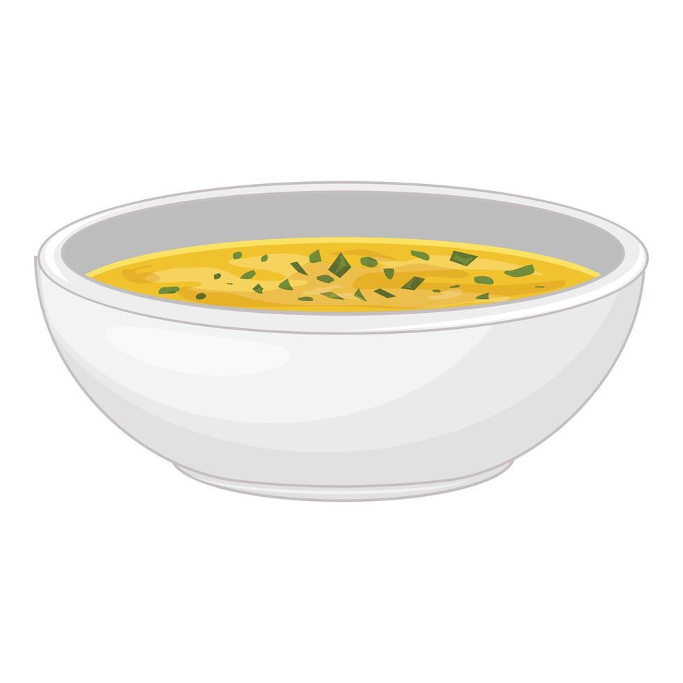 Steaming hot bowl of chicken soup garnished with parsley vector