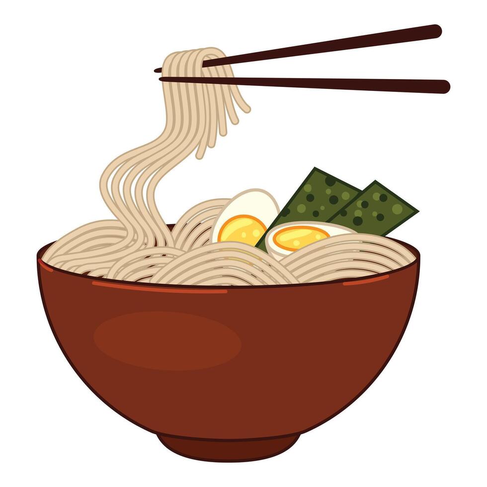 Chopsticks holding noodles over bowl of ramen with egg and seaweed vector