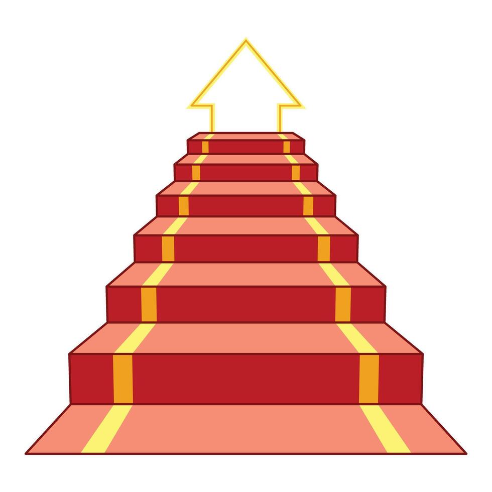Red carpet staircase leading to a golden arrow pointing upwards vector