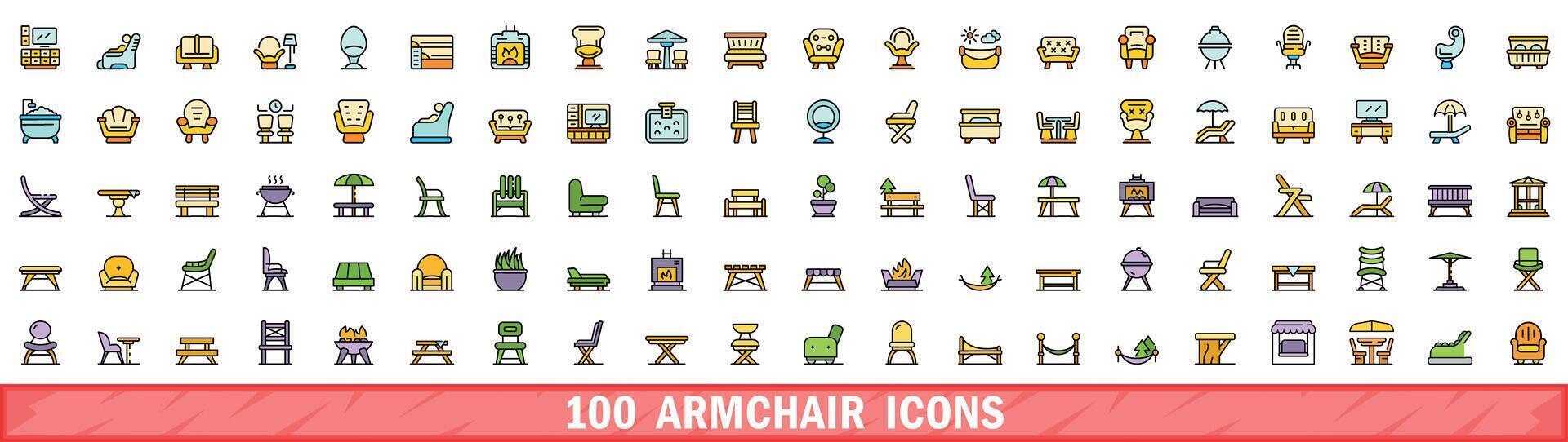 100 armchair icons set, color line style vector