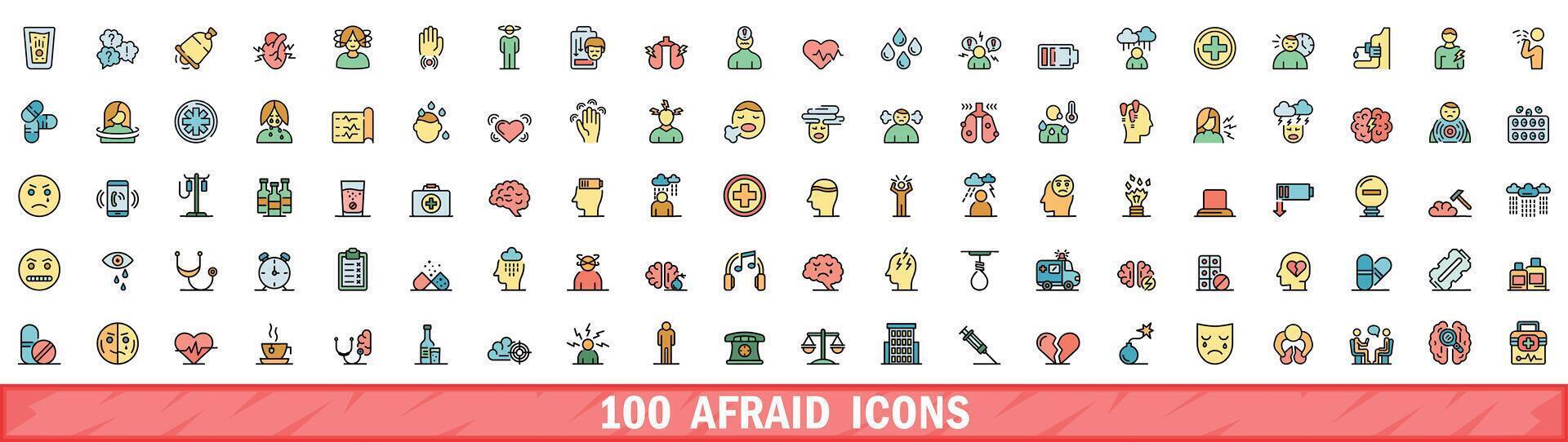 100 afraid icons set, color line style vector