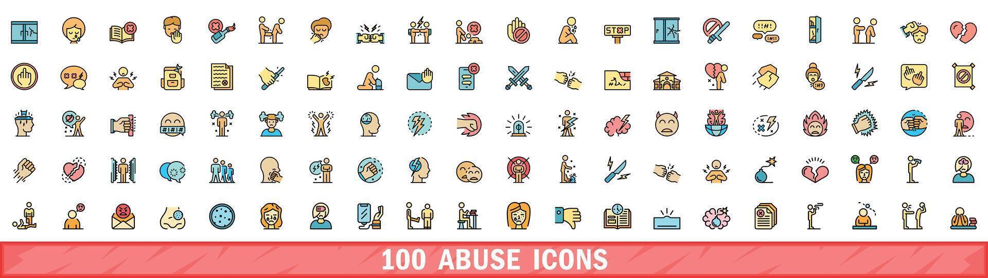 100 abuse icons set, color line style vector