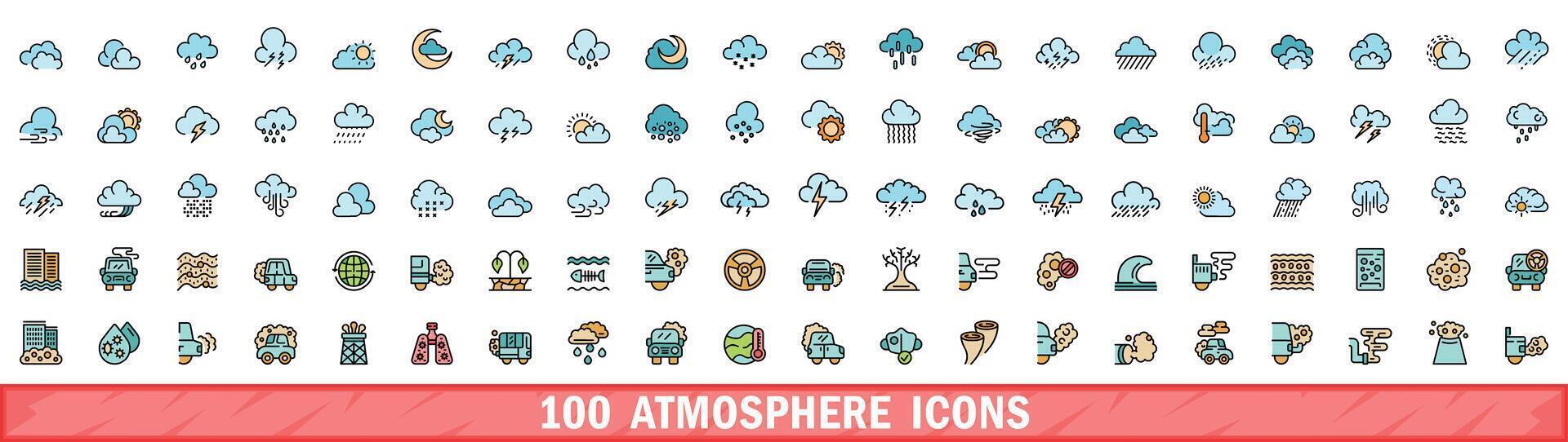 100 atmosphere icons set, color line style vector