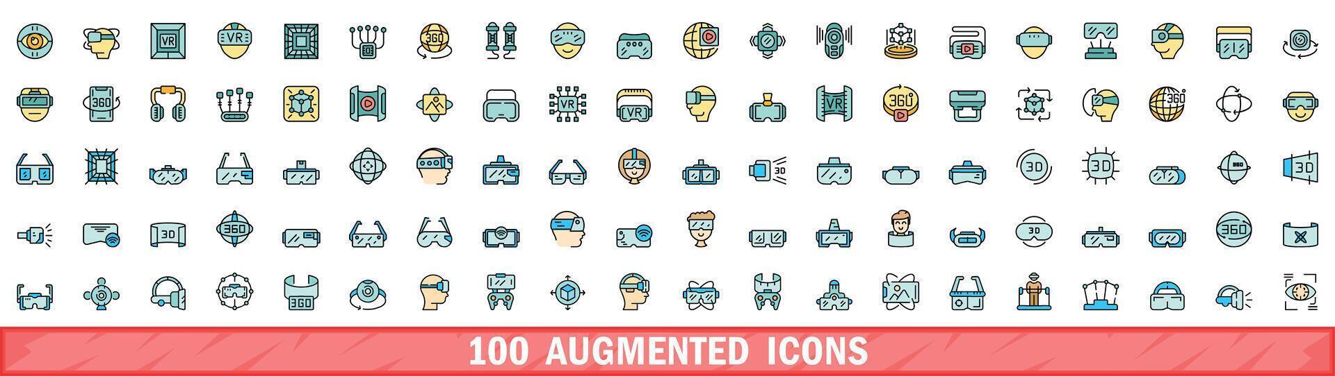 100 augmented icons set, color line style vector