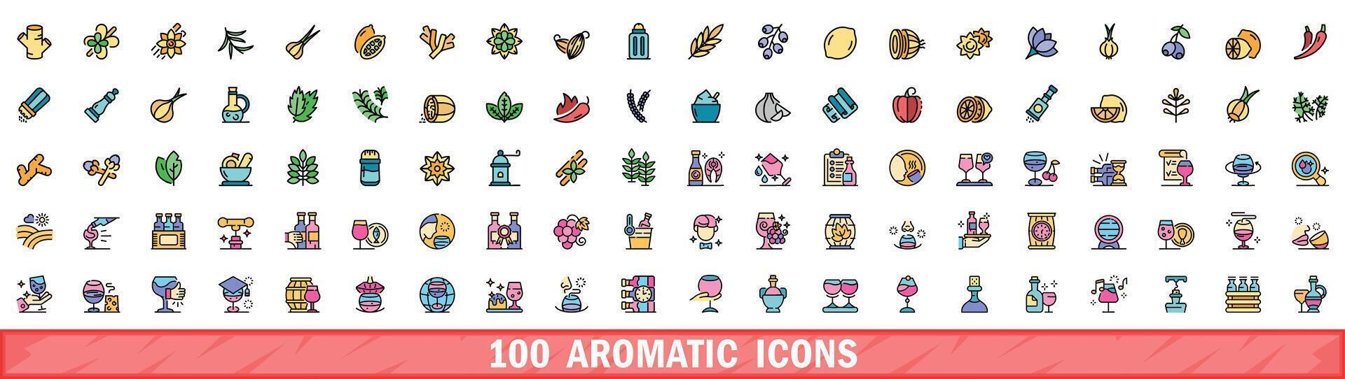 100 aromatic icons set, color line style vector