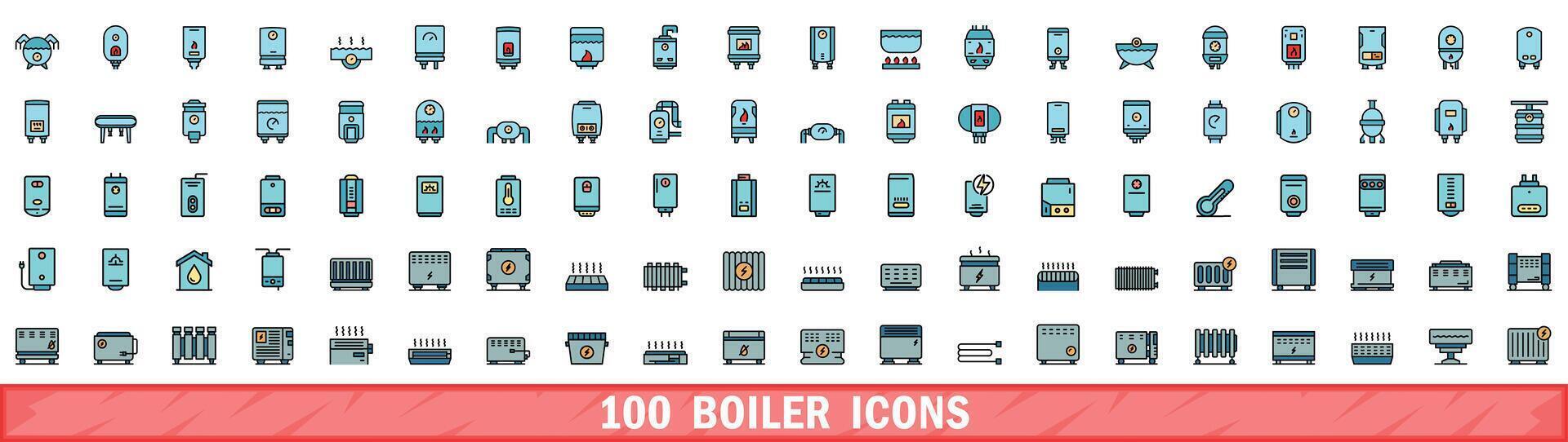 100 boiler icons set, color line style vector