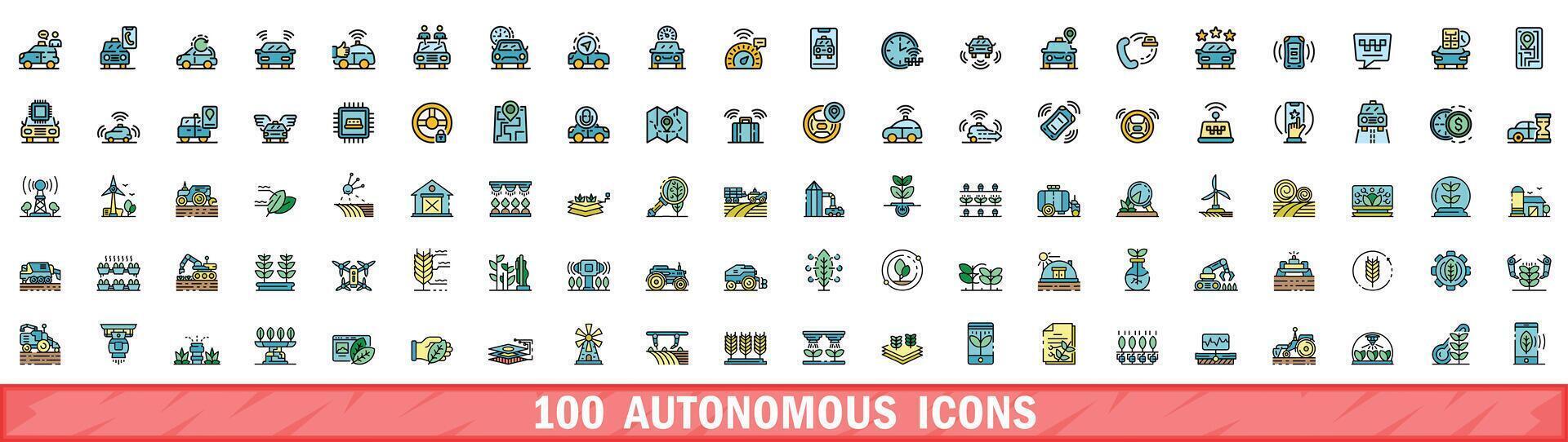 100 autonomous icons set, color line style vector