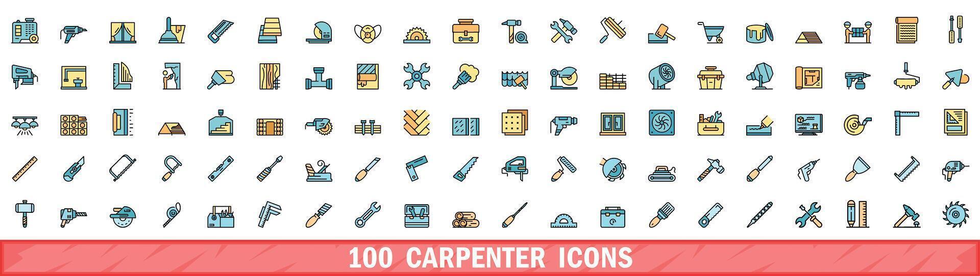 100 carpenter icons set, color line style vector