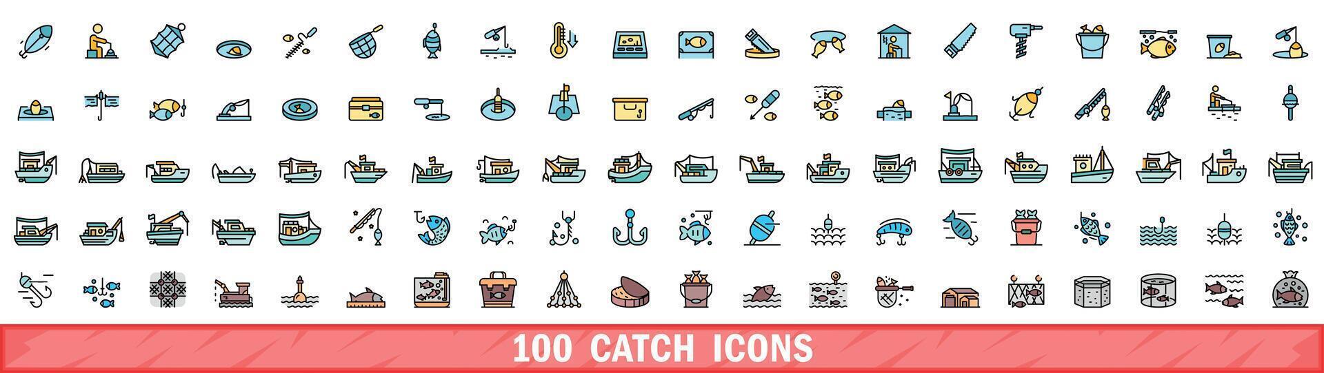 100 catch icons set, color line style vector