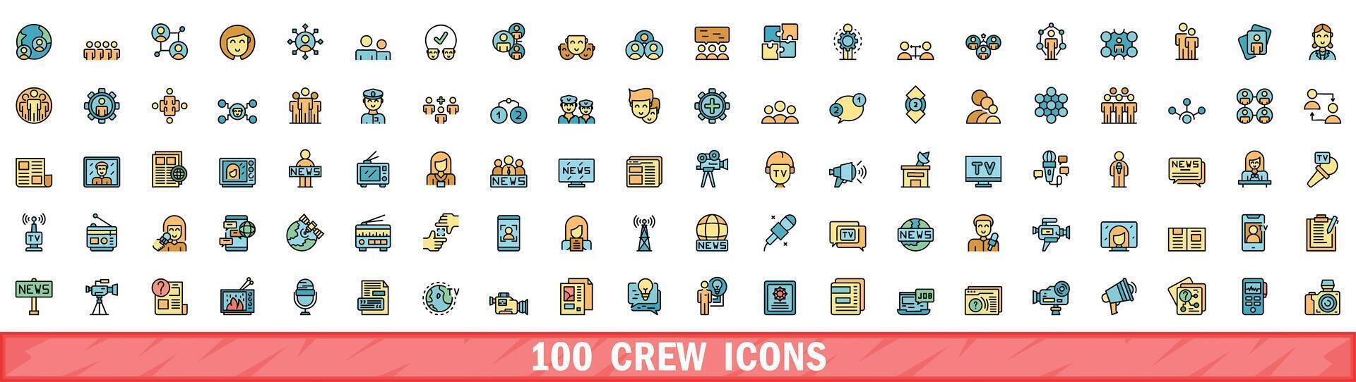 100 crew icons set, color line style vector
