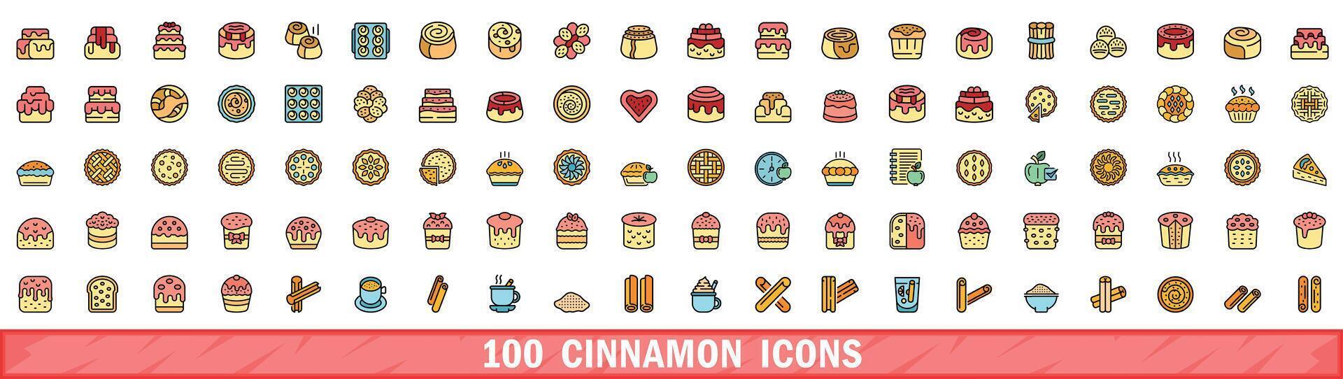 100 cinnamon icons set, color line style vector