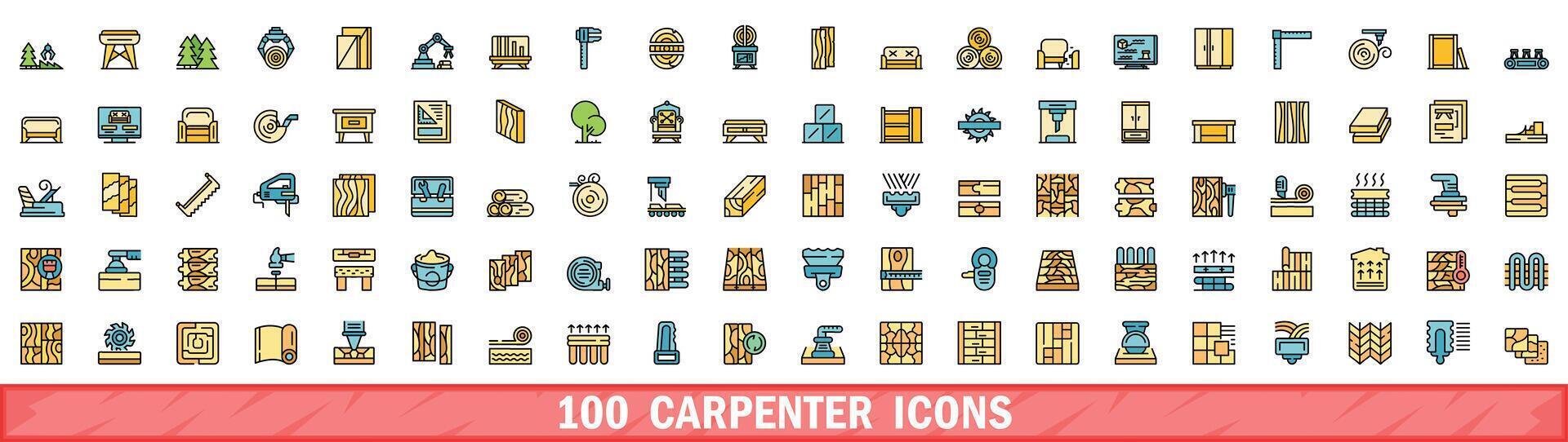 100 carpenter icons set, color line style vector