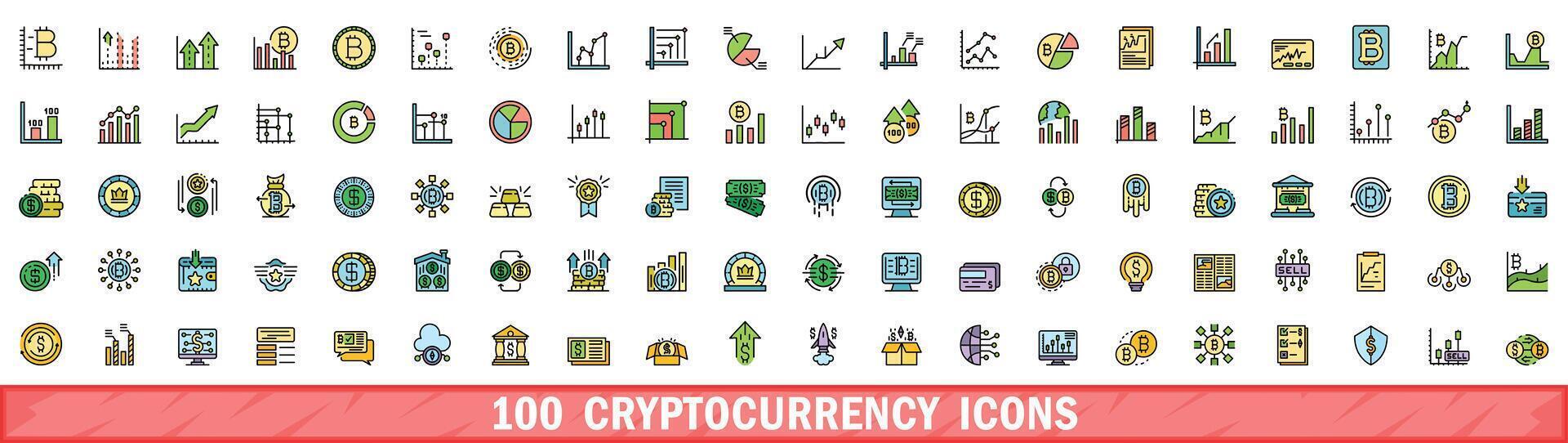 100 cryptocurrency icons set, color line style vector