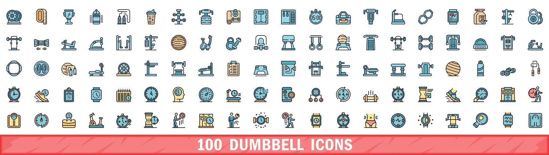 100 dumbbell icons set, color line style vector