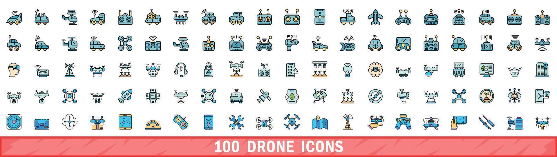 100 drone icons set, color line style vector