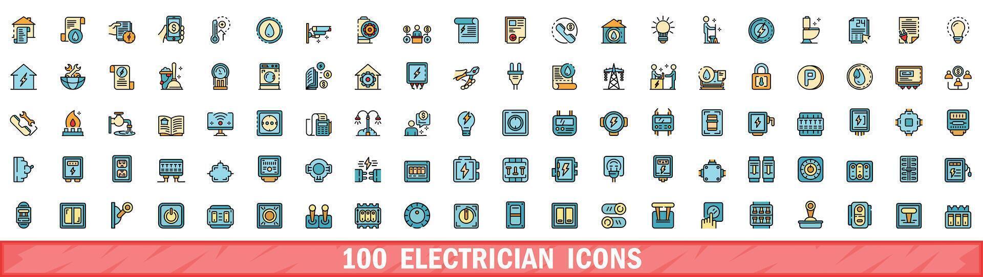 100 electrician icons set, color line style vector