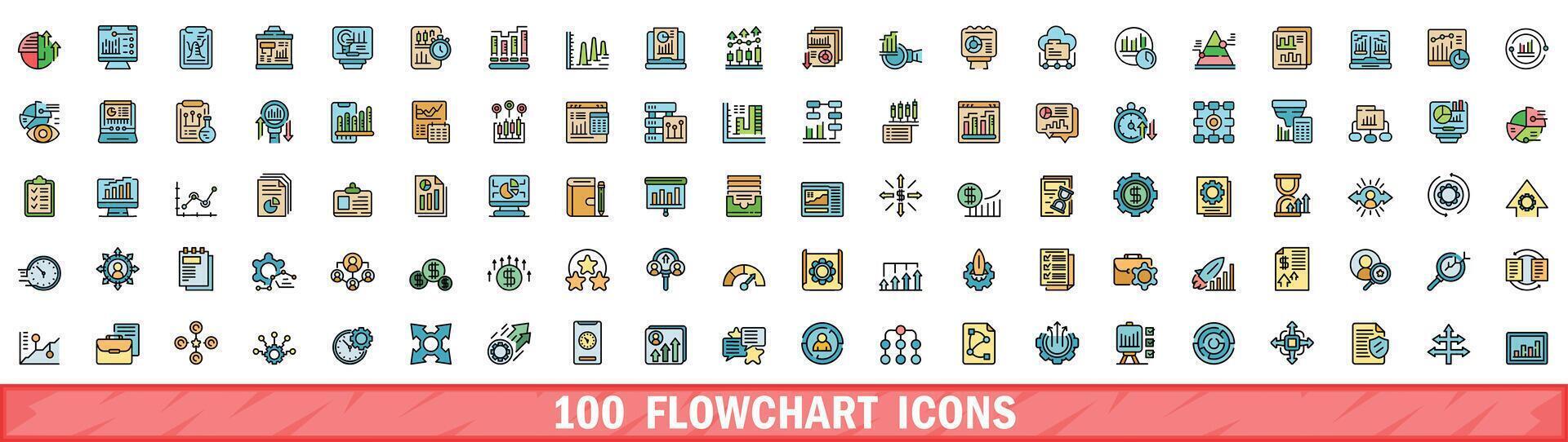 100 flowchart icons set, color line style vector