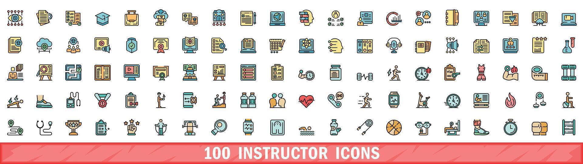 100 instructor icons set, color line style vector